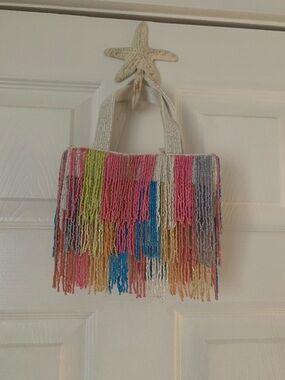 Multicolor Beaded Fringe Tote Bag - Women made in India NWT w/silver chain
